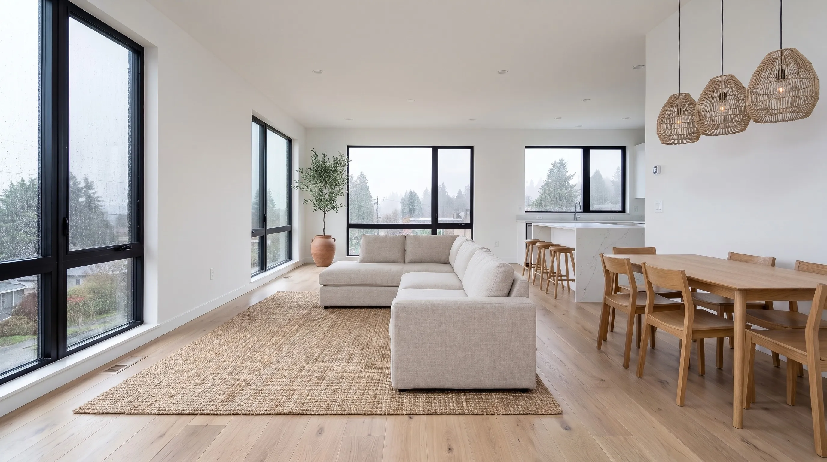 Open-plan great room with a sectional sofa and a dining table, staged