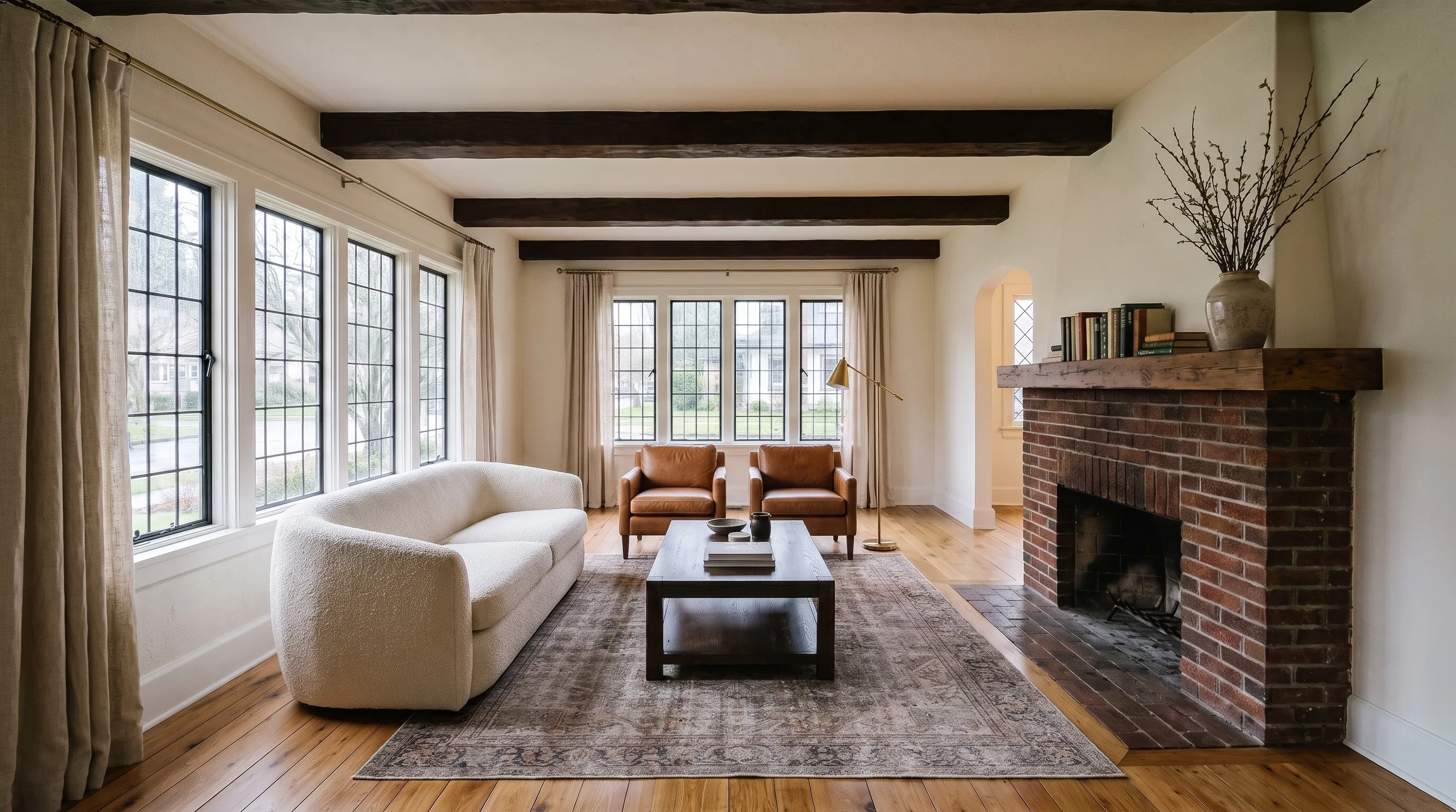 Tudor living room with dark beams and a brick fireplace, staged
